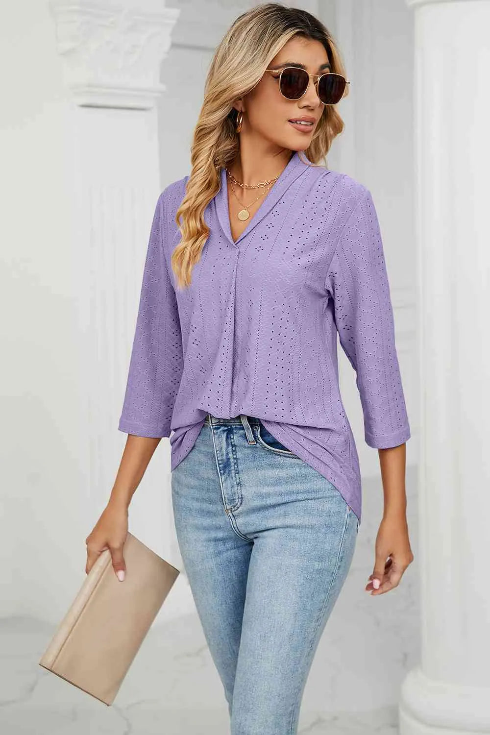 Eyelet Three-Quarter Sleeve Blouse Blouses - Tophatter Daily Deals