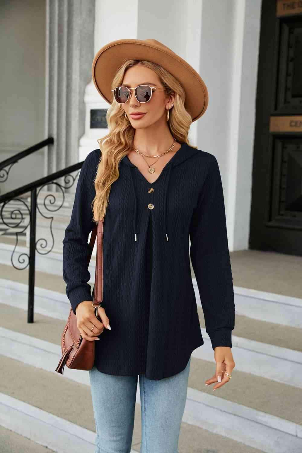 Long Sleeve Hooded Blouse Navy Blouses - Tophatter Daily Deals