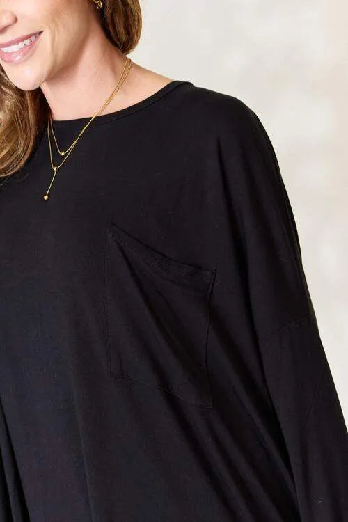 Zenana Full Size Round Neck Long Sleeve Top with Pocket Blouses - Tophatter Daily Deals
