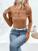 Off-Shoulder Lace Trim Ribbed Tee Camel Blouses - Tophatter Daily Deals