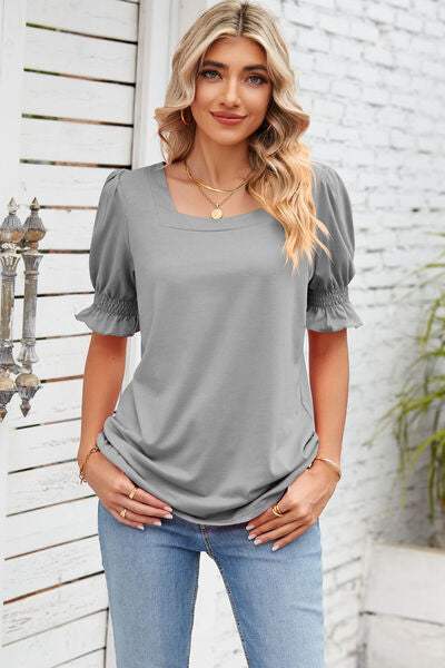 Smocked Square Neck Short Sleeve T-Shirt Women's T-Shirts - Tophatter Daily Deals