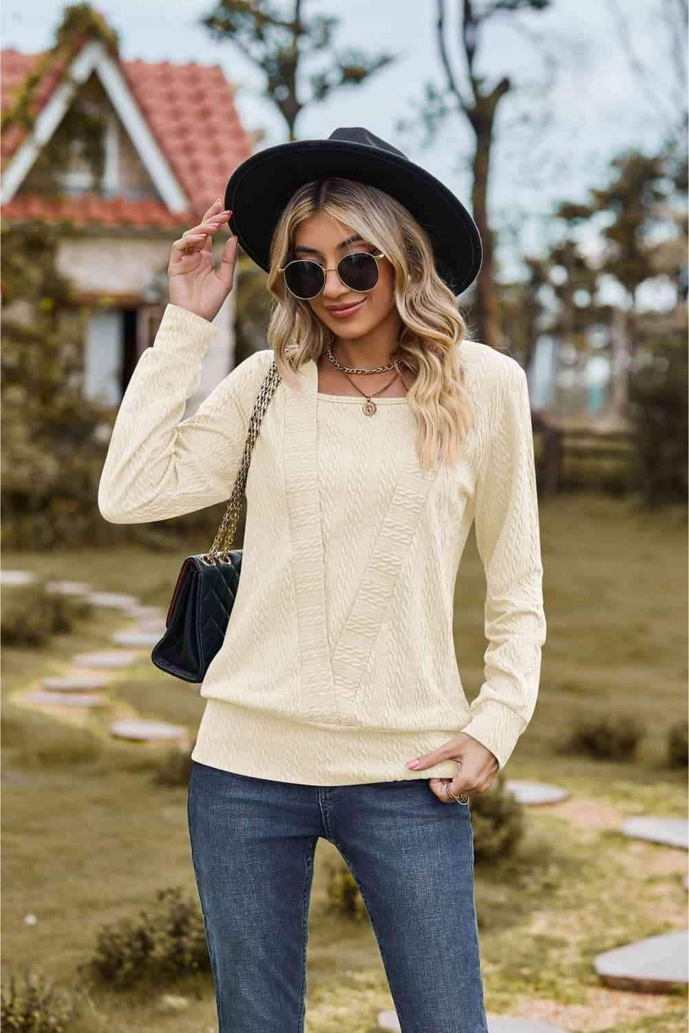 Square Neck Long Sleeve Blouse Ivory Blouses - Tophatter Daily Deals