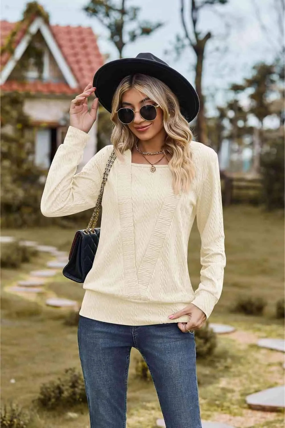 Square Neck Long Sleeve Blouse Ivory Blouses - Tophatter Daily Deals