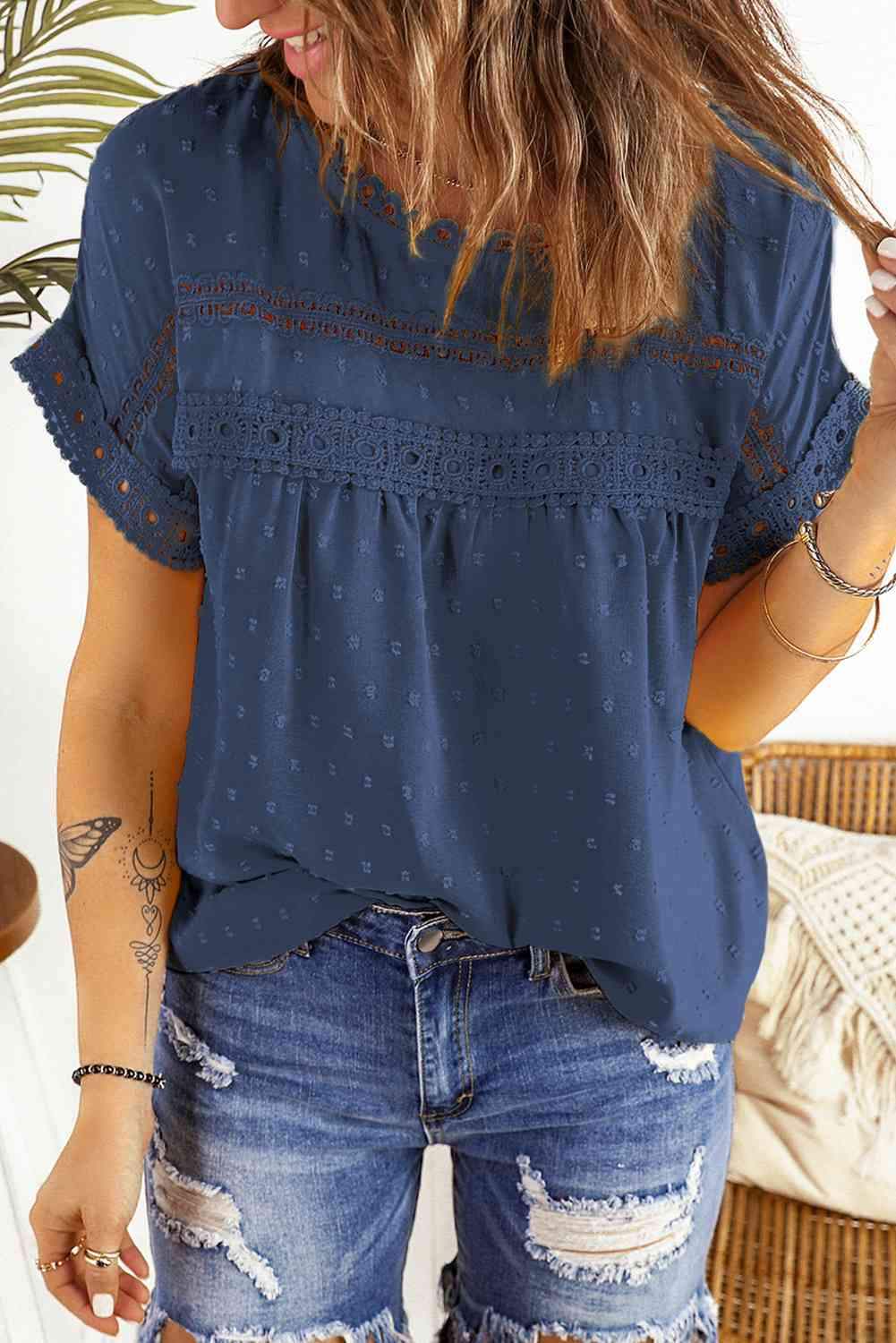 Swiss Dot Decorative Button Short Sleeve Blouse French Blue Blouses - Tophatter Daily Deals