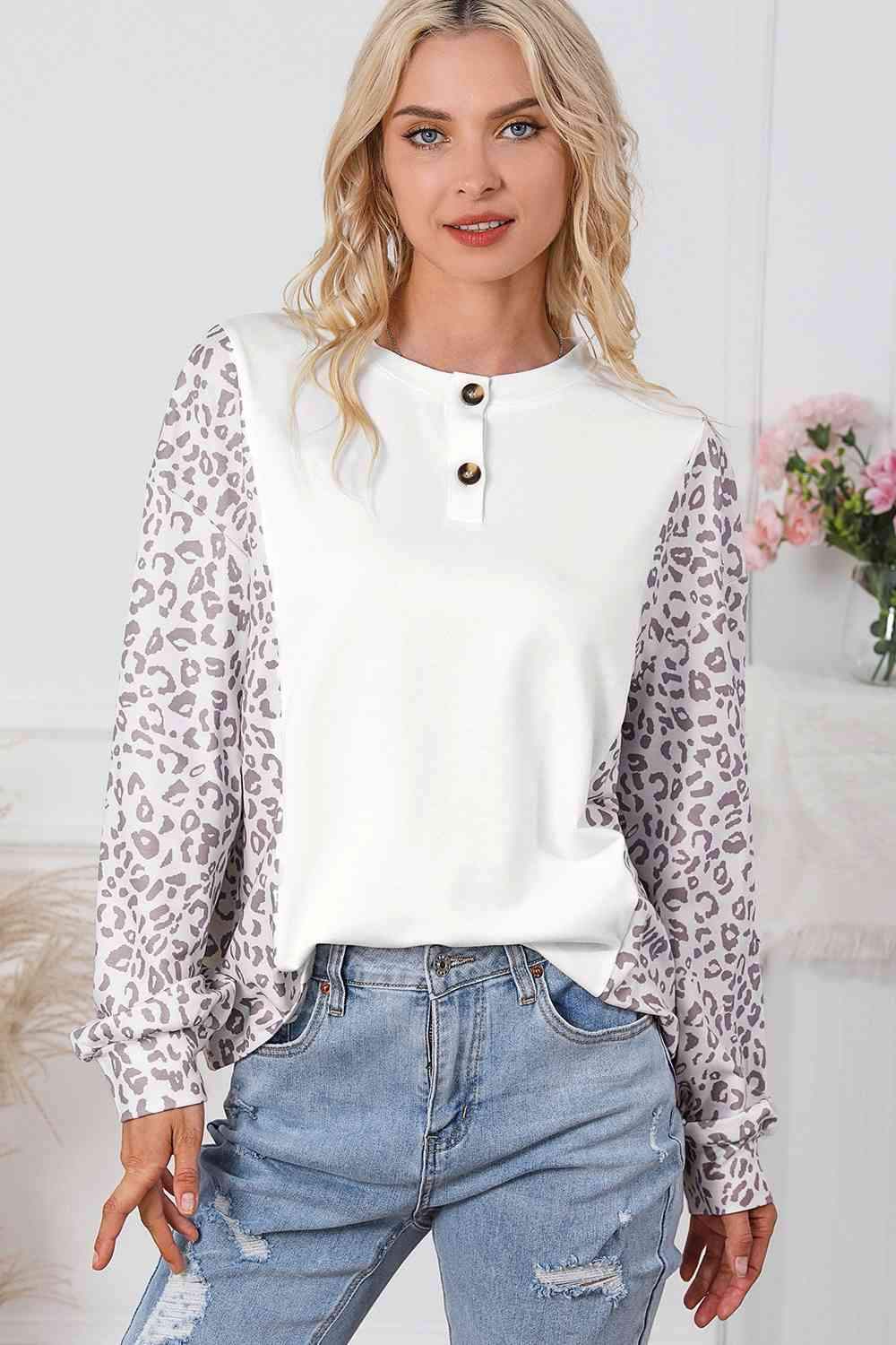 Leopard Round Neck Long Sleeve Top Leopard Blouses - Tophatter Daily Deals