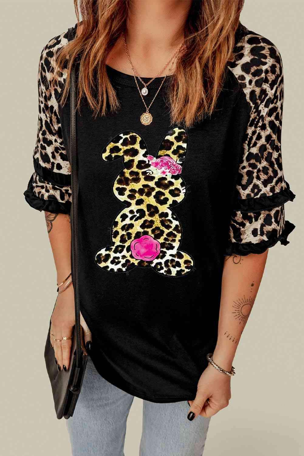 Easter Leopard Frill Trim Half-Sleeve Top Black Blouses - Tophatter Daily Deals