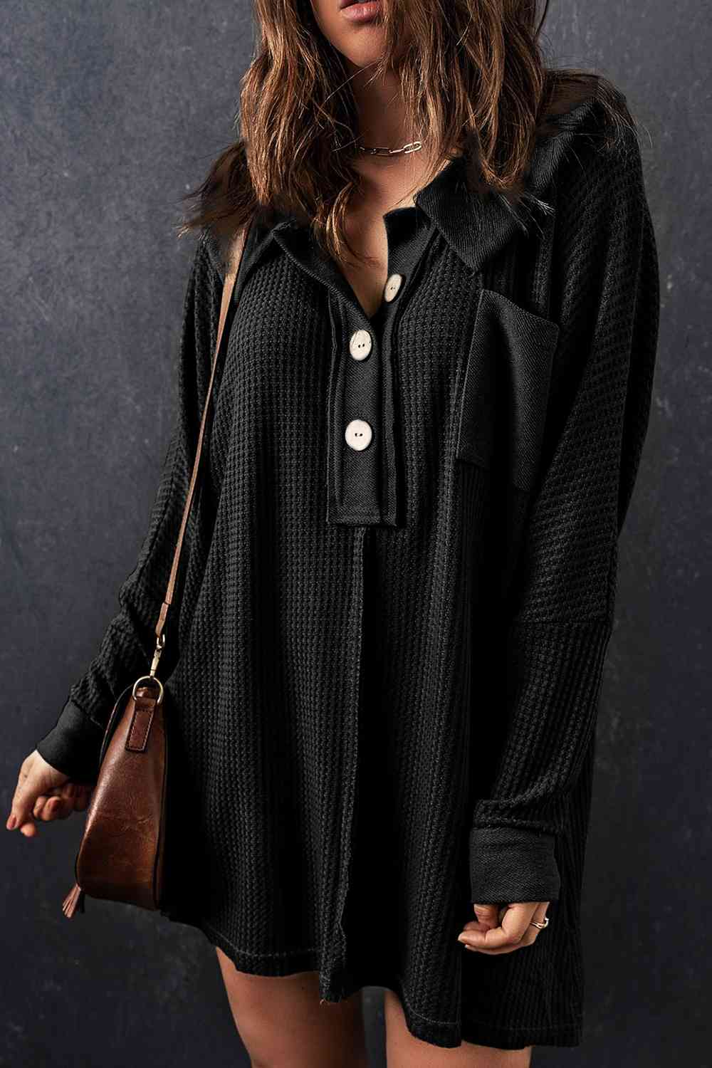 Waffle Knit Buttoned Long Sleeve Top with Breast Pocket - Tophatter Deals