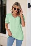 Eyelet Flounce Sleeve Scalloped V-Neck Top Light Green Blouses - Tophatter Daily Deals