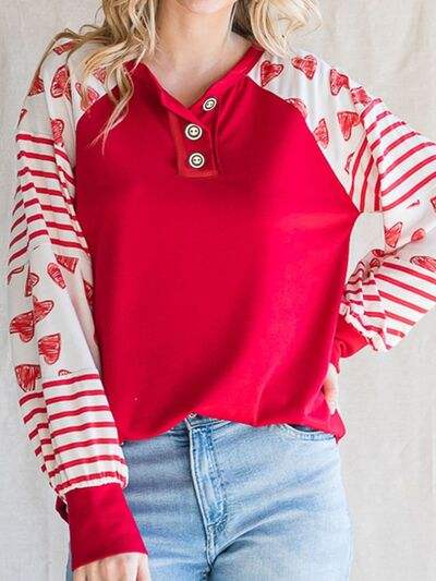 Heart Striped Quarter Button Long Sleeve T-Shirt Red Women's T-Shirts - Tophatter Daily Deals