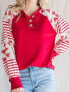 Heart Striped Quarter Button Long Sleeve T-Shirt Red Women's T-Shirts - Tophatter Daily Deals