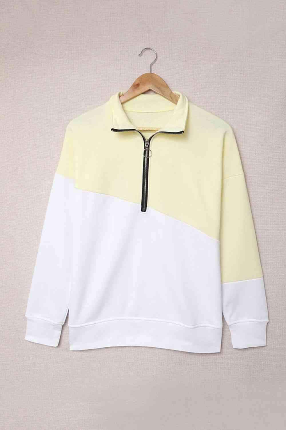 Contrast Zip-Up Collared Neck Dropped Shoulder Blouse Blouses - Tophatter Daily Deals