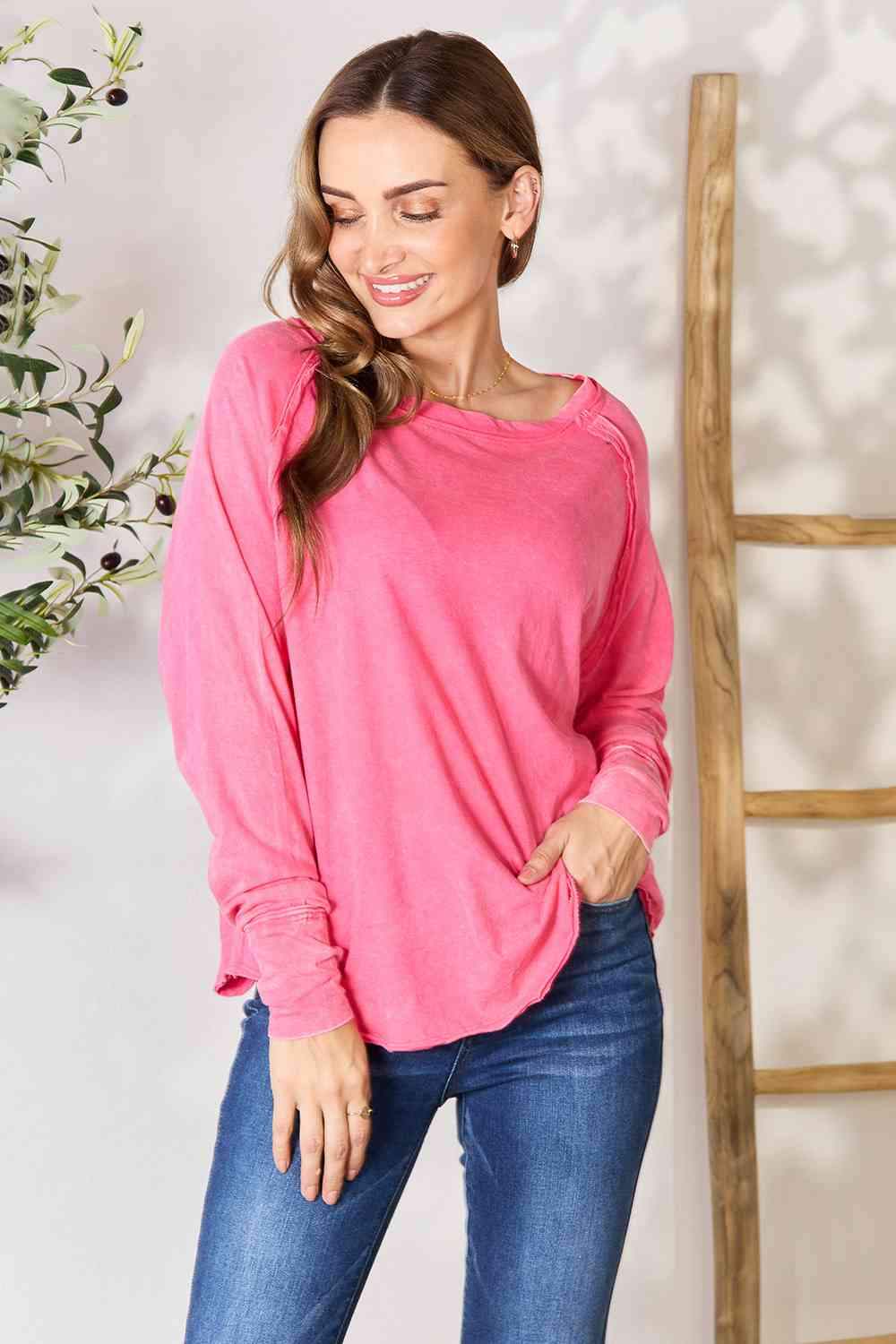 Zenana Round Neck Long Sleeve Top Blouses - Tophatter Daily Deals