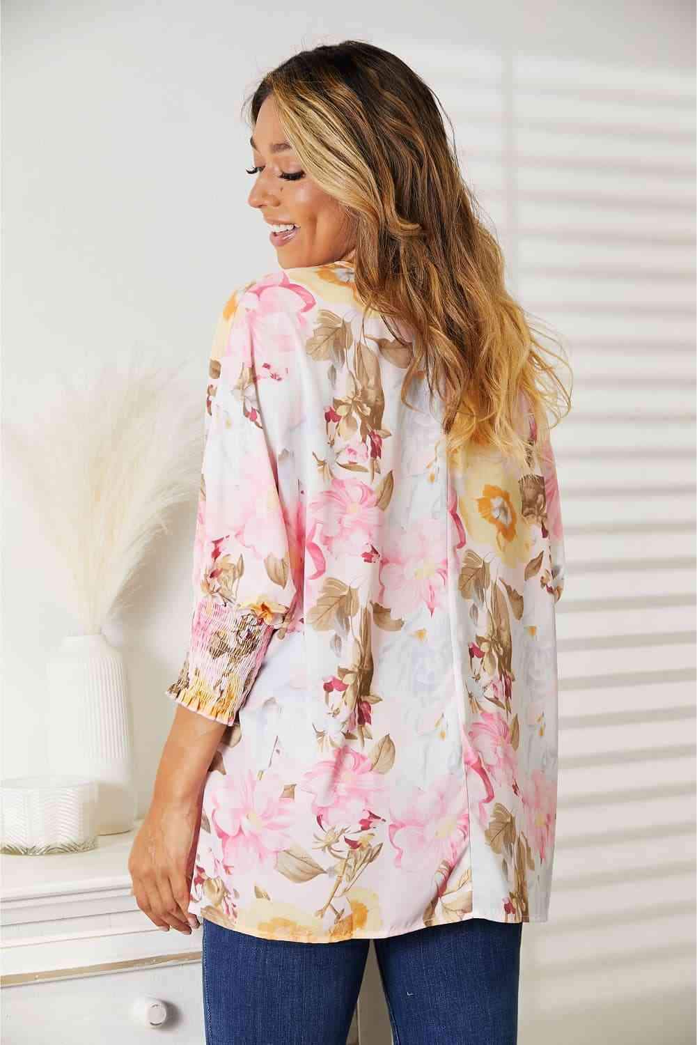 Double Take Floral Round Neck Three-Quarter Sleeve Top Blouses - Tophatter Daily Deals