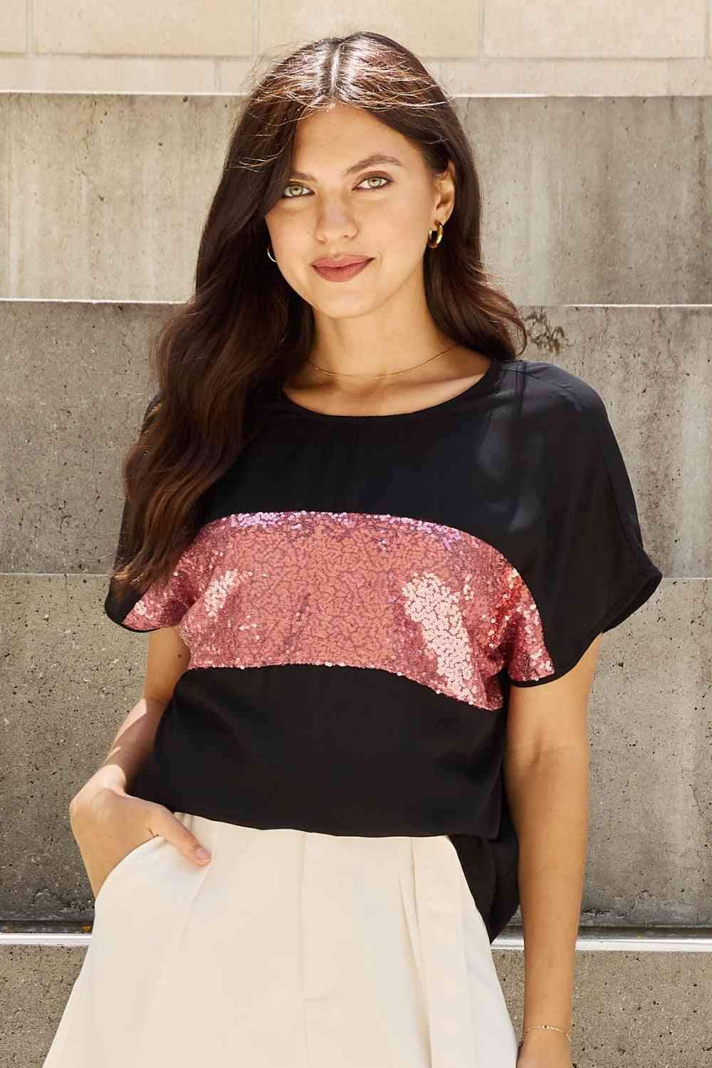 Sew In Love Shine Bright Full Size Center Mesh Sequin Top in Black/Mauve Women's T-Shirts - Tophatter Daily Deals