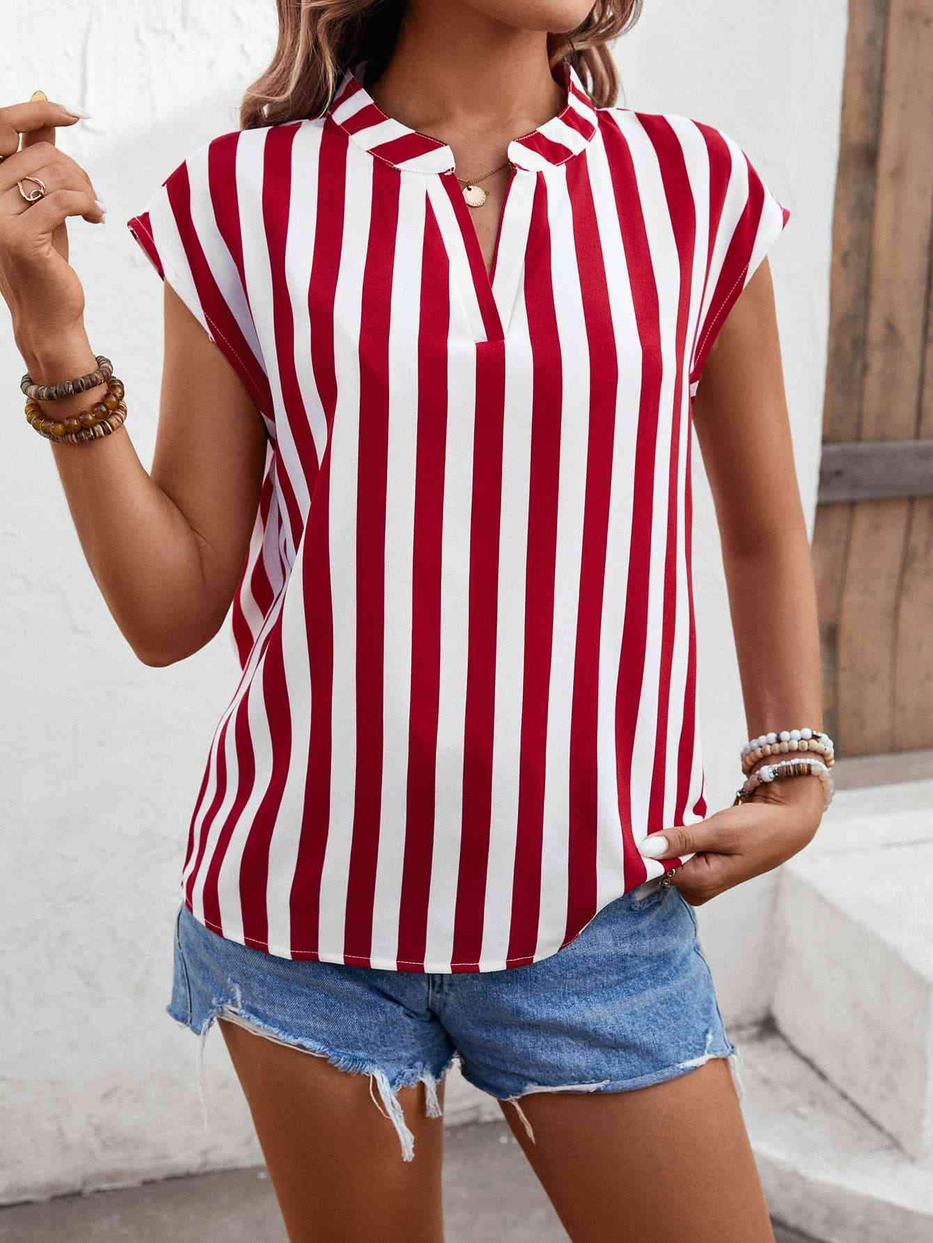 Striped Notched Neck Cap Sleeve Blouse Deep Red Blouses - Tophatter Daily Deals