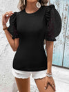 Polka Dot Flounce Sleeve Round Neck Top Black Blouses - Tophatter Daily Deals