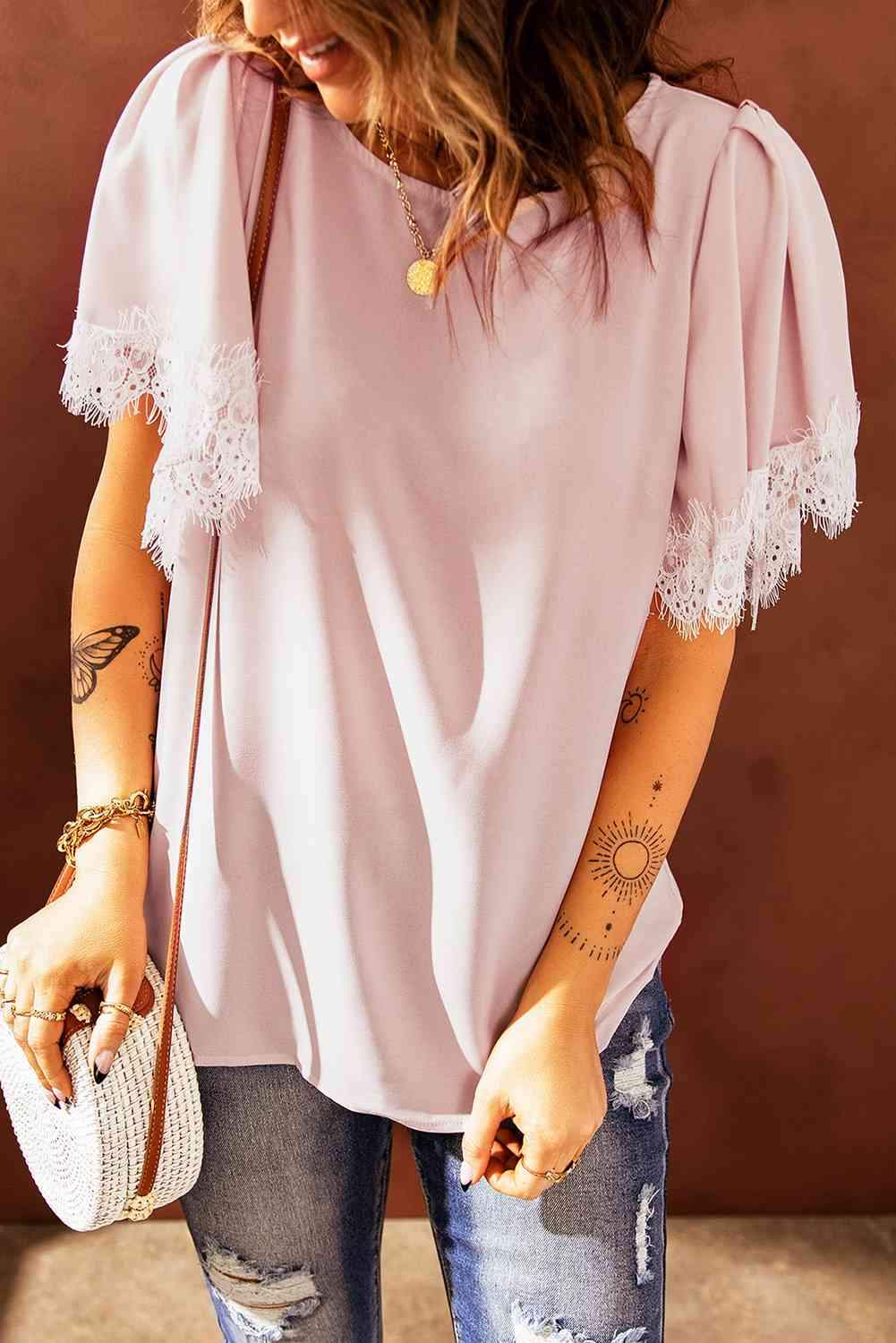 Lace Trim Flutter Sleeve Blouse Blouses - Tophatter Daily Deals