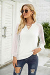 Waffle-Knit Spliced Lace Notched Top White Blouses - Tophatter Daily Deals