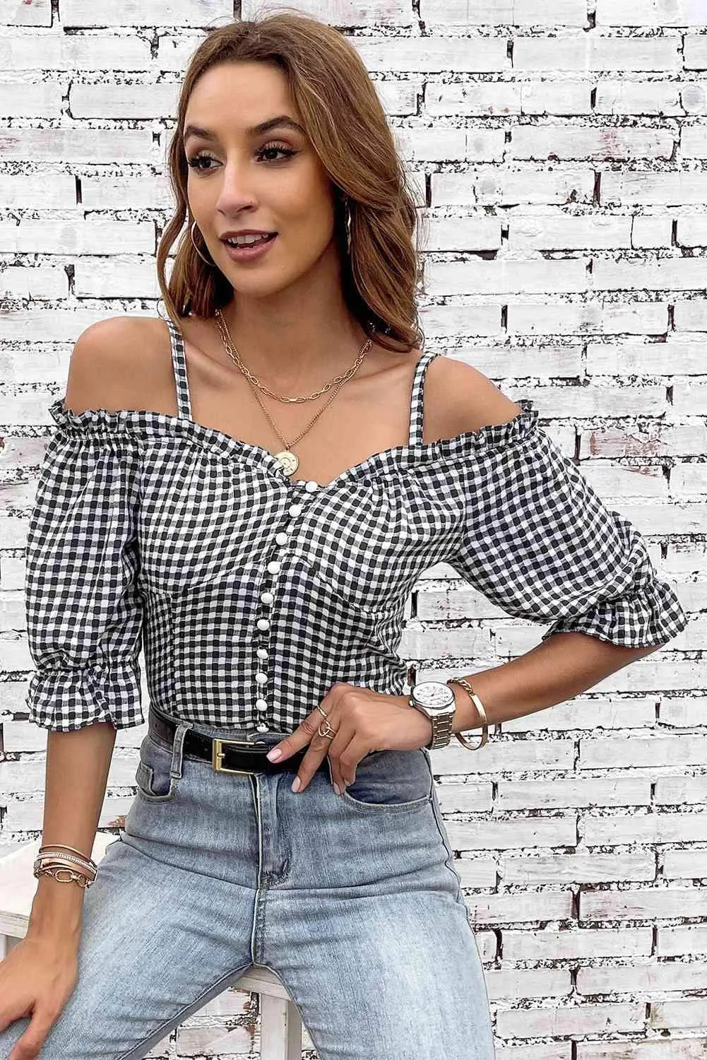 Plaid Buttoned Sweetheart Neck Cold-Shoulder Top Plaid Blouses - Tophatter Daily Deals