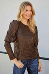 Sequin Puff Sleeve Round Neck Top Blouses - Tophatter Daily Deals