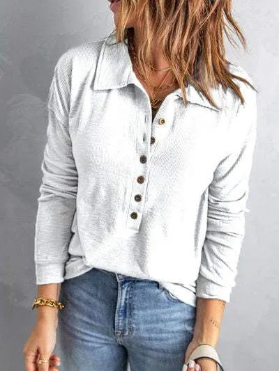 Collared Neck Half Button Top White Blouses - Tophatter Daily Deals