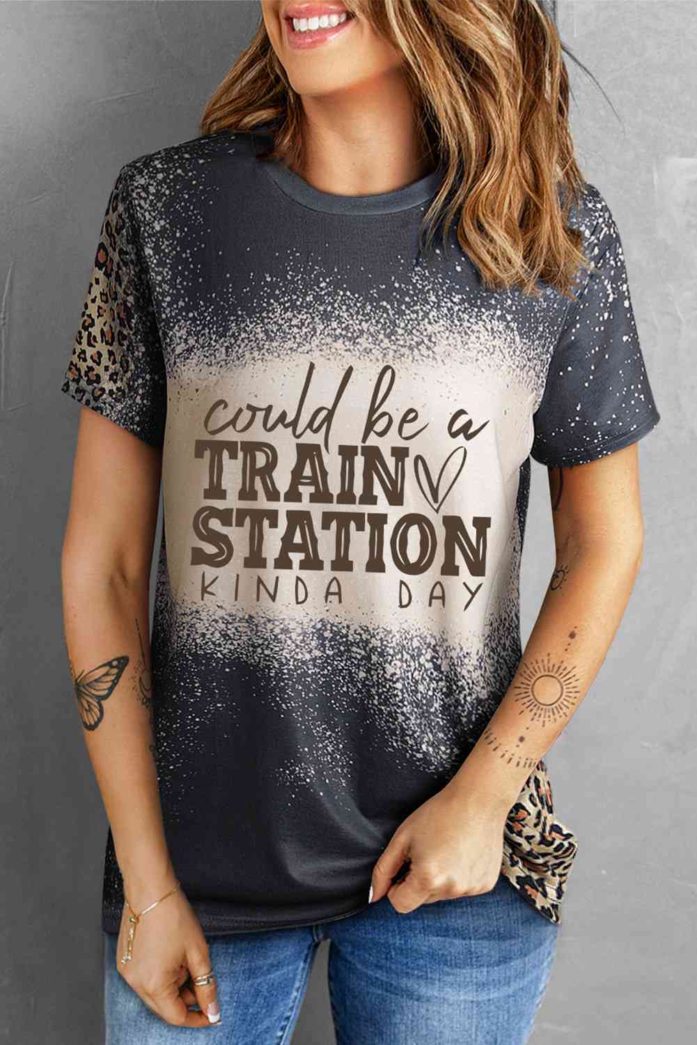 Slogan Graphic Leopard Tee Shirt Dark Gray Women's T-Shirts - Tophatter Daily Deals