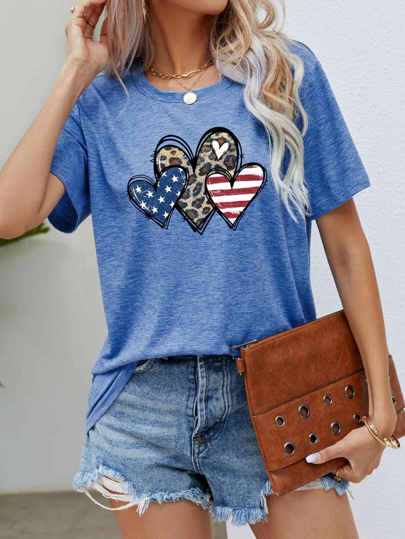 US Flag Leopard Heart Graphic Tee Cobalt Blue Women's T-Shirts - Tophatter Daily Deals