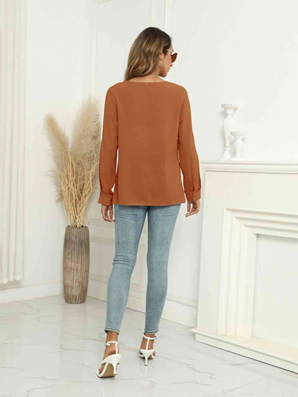 Roll-Tap Long Sleeve V-Neck Buttoned Blouse - Tophatter Deals