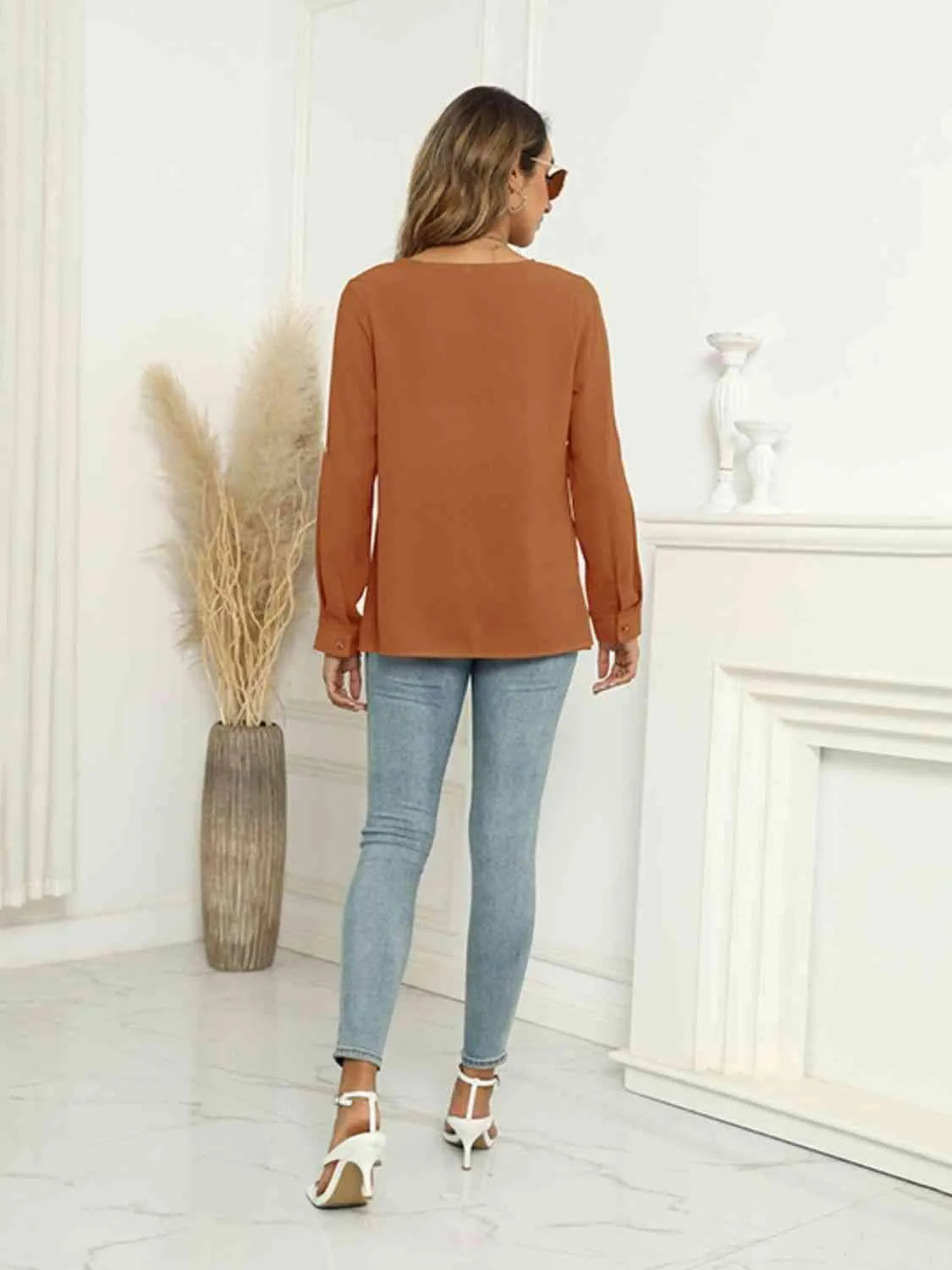 Roll-Tap Long Sleeve V-Neck Buttoned Blouse Blouses - Tophatter Daily Deals