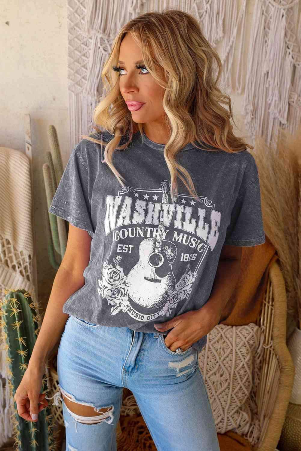 NASHVILLE COUNTRY MUSIC Graphic Round Neck Tee Shirt Charcoal Women's T-Shirts - Tophatter Daily Deals