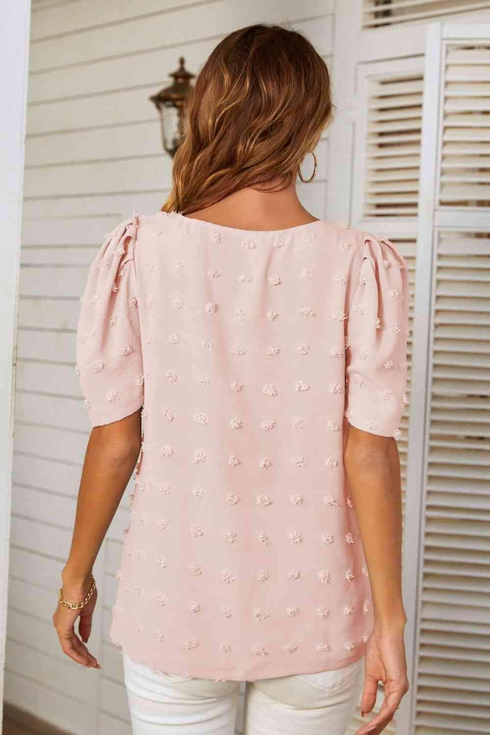 Swiss Dot V-Neck Puff Sleeve Blouse Blouses - Tophatter Daily Deals