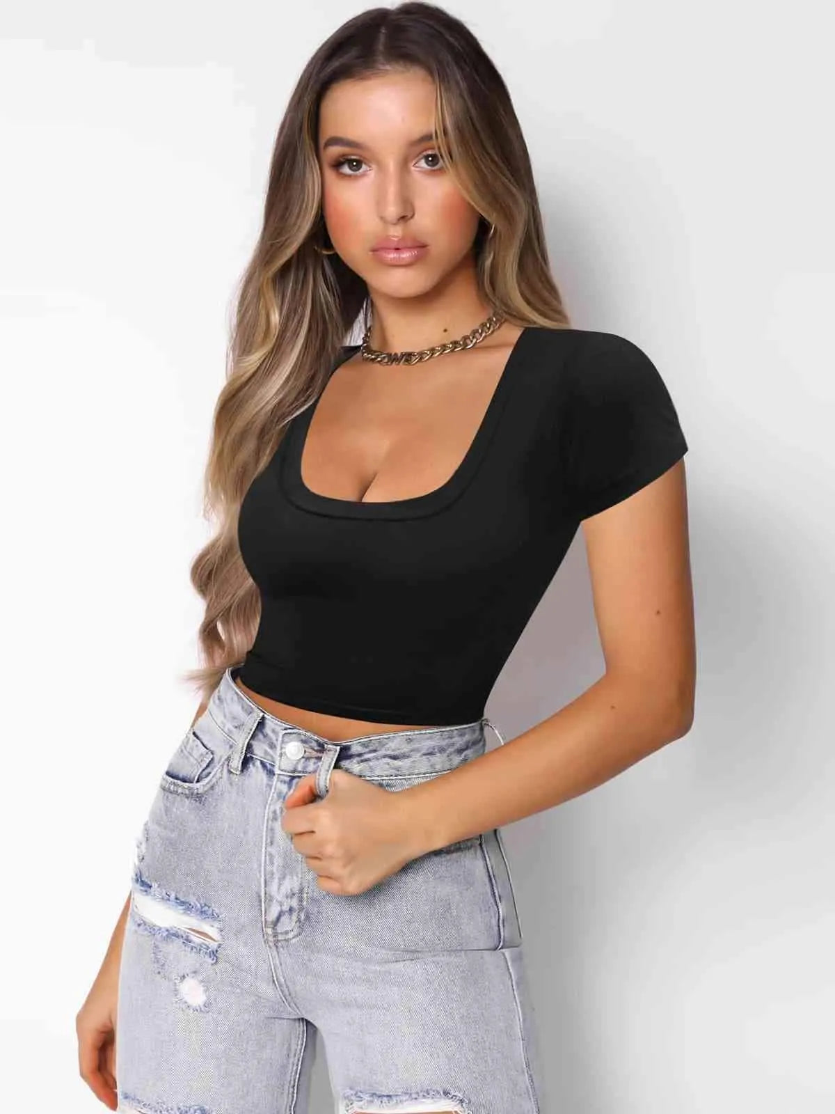 Square Neck Cropped T-Shirt Black Blouses - Tophatter Daily Deals