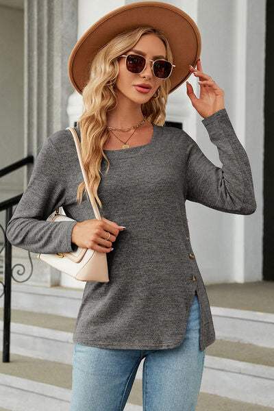 Slit Decorative Button Square Neck T-Shirt Women's T-Shirts - Tophatter Daily Deals