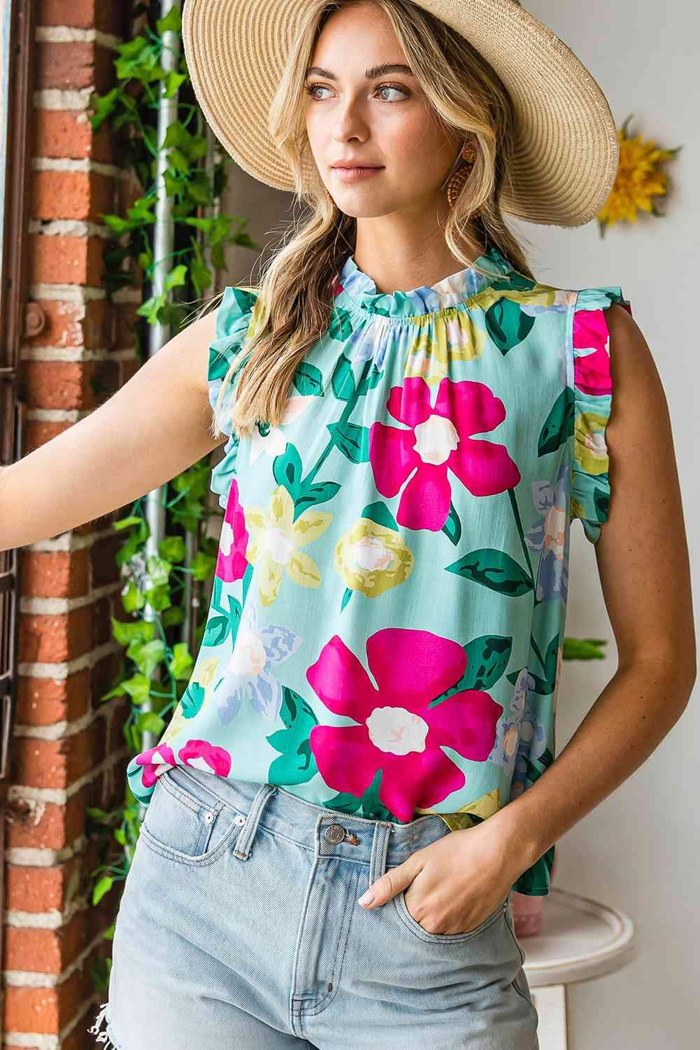 Floral Print Ruffle Shoulder Blouse Blouses - Tophatter Daily Deals