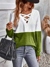 Contrast Crisscross V-Neck Long Sleeve Top Women's T-Shirts - Tophatter Daily Deals