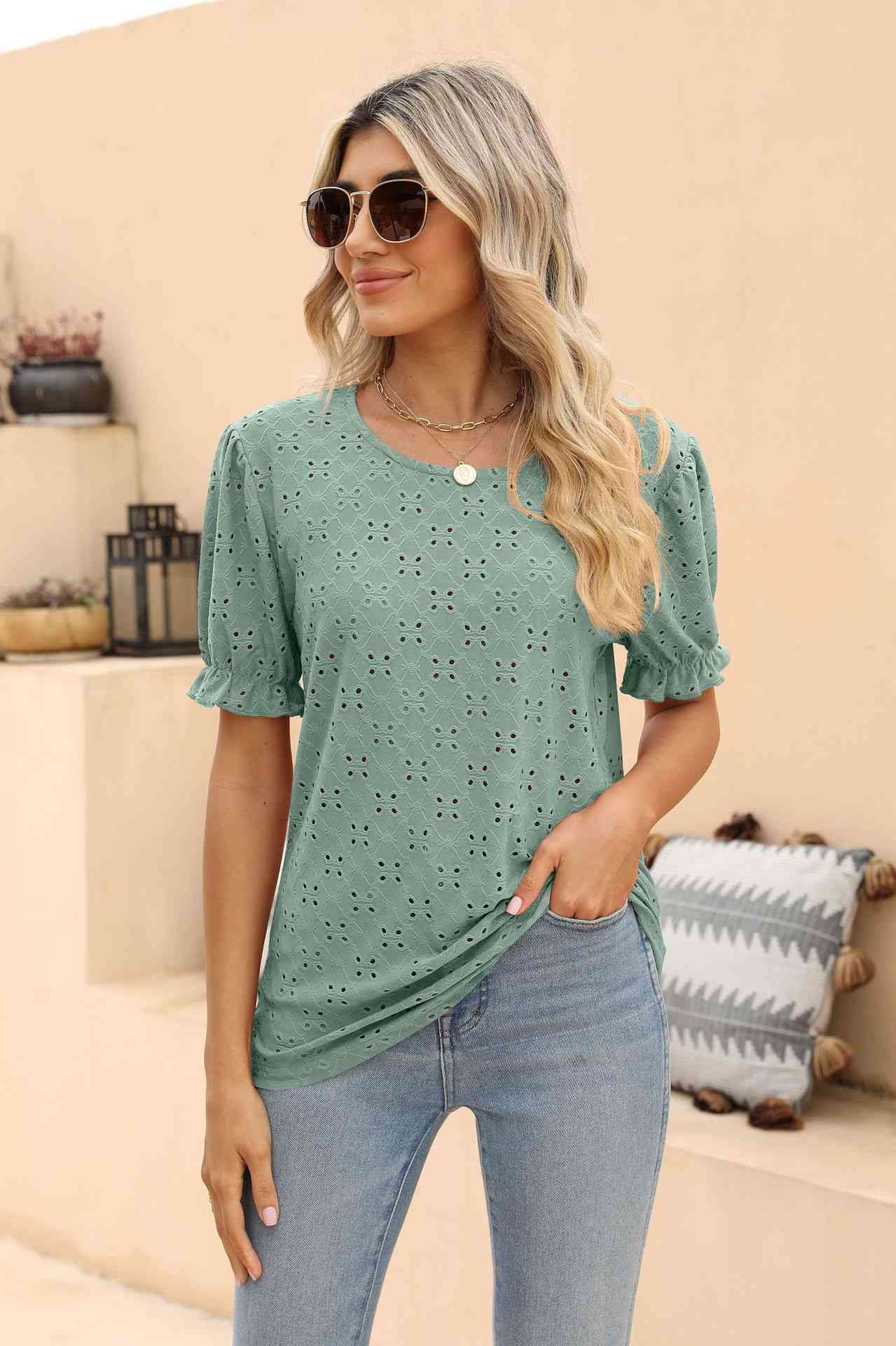 Openwork Round Neck Flounce Sleeve T-Shirt Gum Leaf Women's T-Shirts - Tophatter Daily Deals