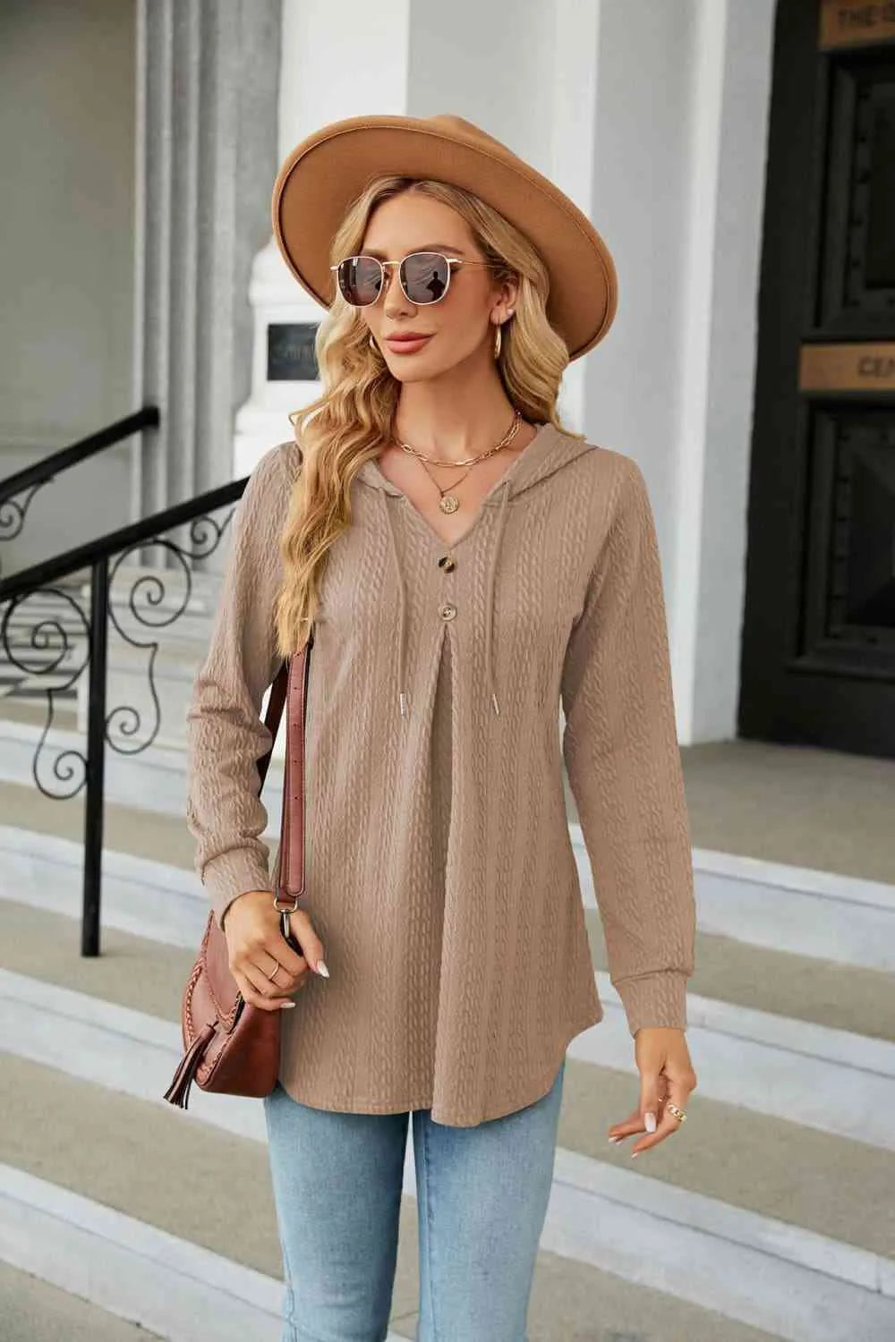 Long Sleeve Hooded Blouse Camel Blouses - Tophatter Daily Deals