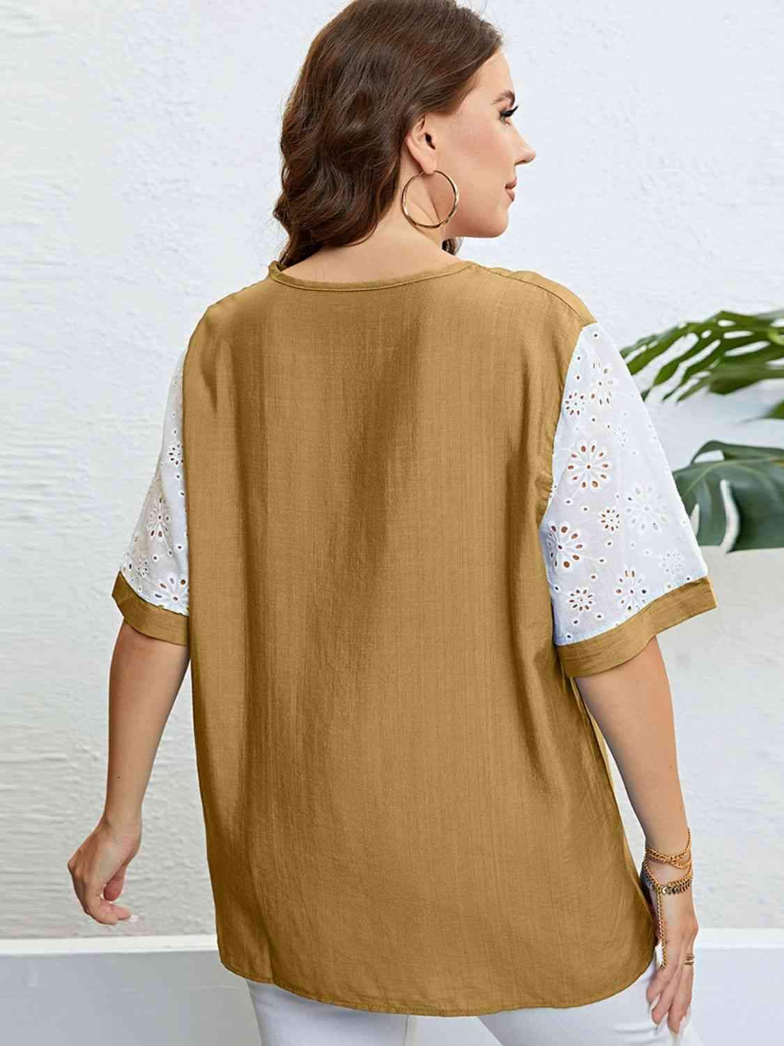 Plus Size Contrast Decorative Button Half Sleeve Top Blouses - Tophatter Daily Deals