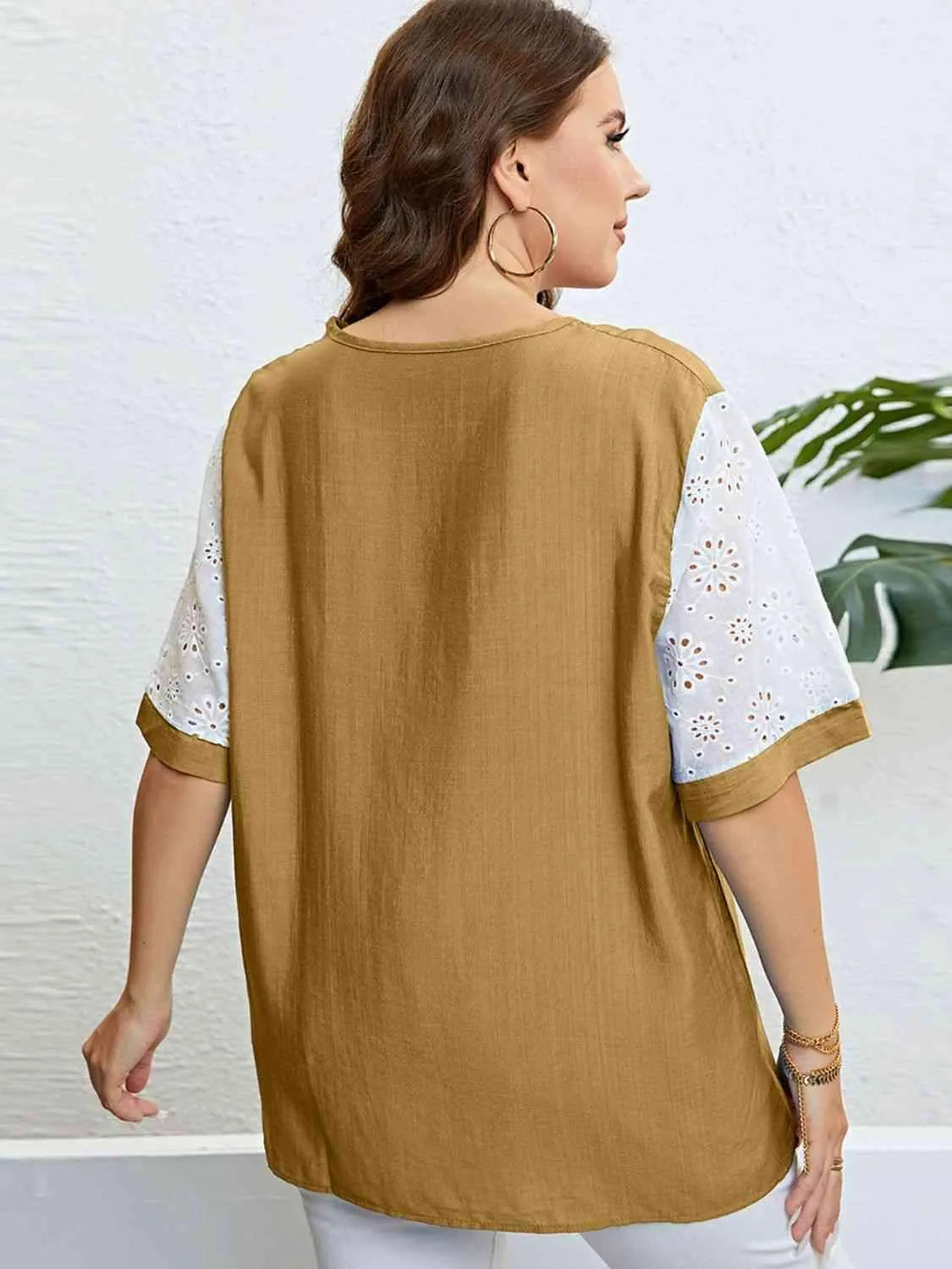 Plus Size Contrast Decorative Button Half Sleeve Top Blouses - Tophatter Daily Deals