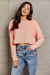 Round Neck Long Sleeve Cropped T-Shirt Peach Women's T-Shirts - Tophatter Daily Deals