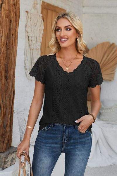 Eyelet V-Neck Lace Short Sleeve T-Shirt Women's T-Shirts - Tophatter Daily Deals