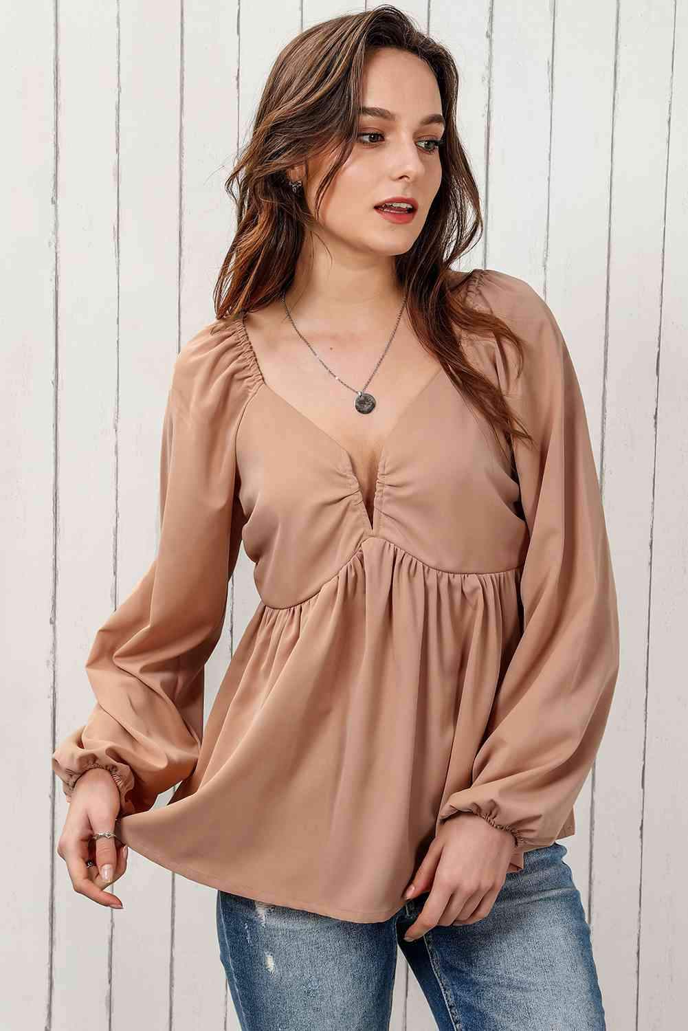 Double Take Tie Back Smocked Long Sleeve Babydoll Blouse Blouses - Tophatter Daily Deals