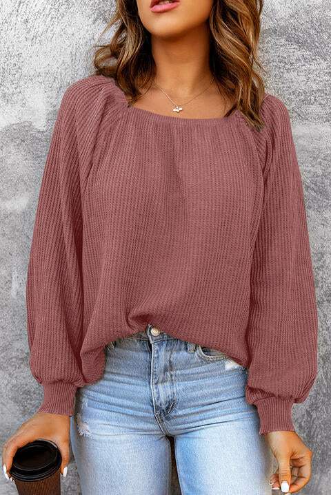 Square Neck Waffle-Knit Top Light Mauve Blouses - Tophatter Daily Deals