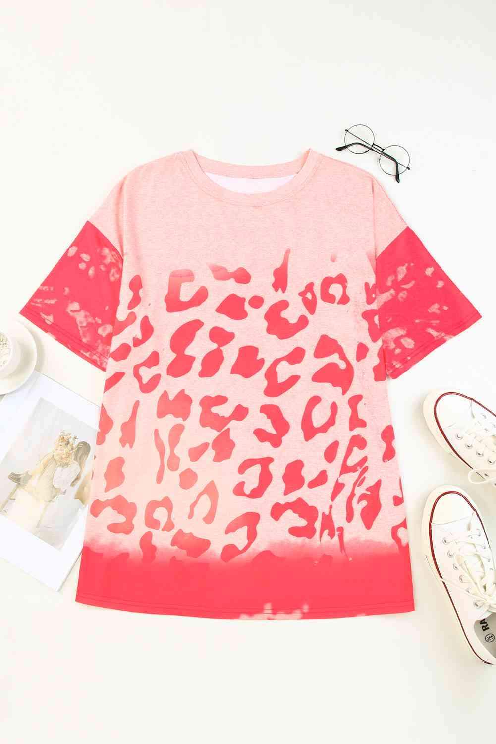 Leopard Round Neck Dropped Shoulder Long Tee Women's T-Shirts - Tophatter Daily Deals