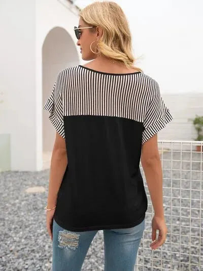 Striped V-Neck Short Sleeve T-Shirt Women's T-Shirts - Tophatter Daily Deals