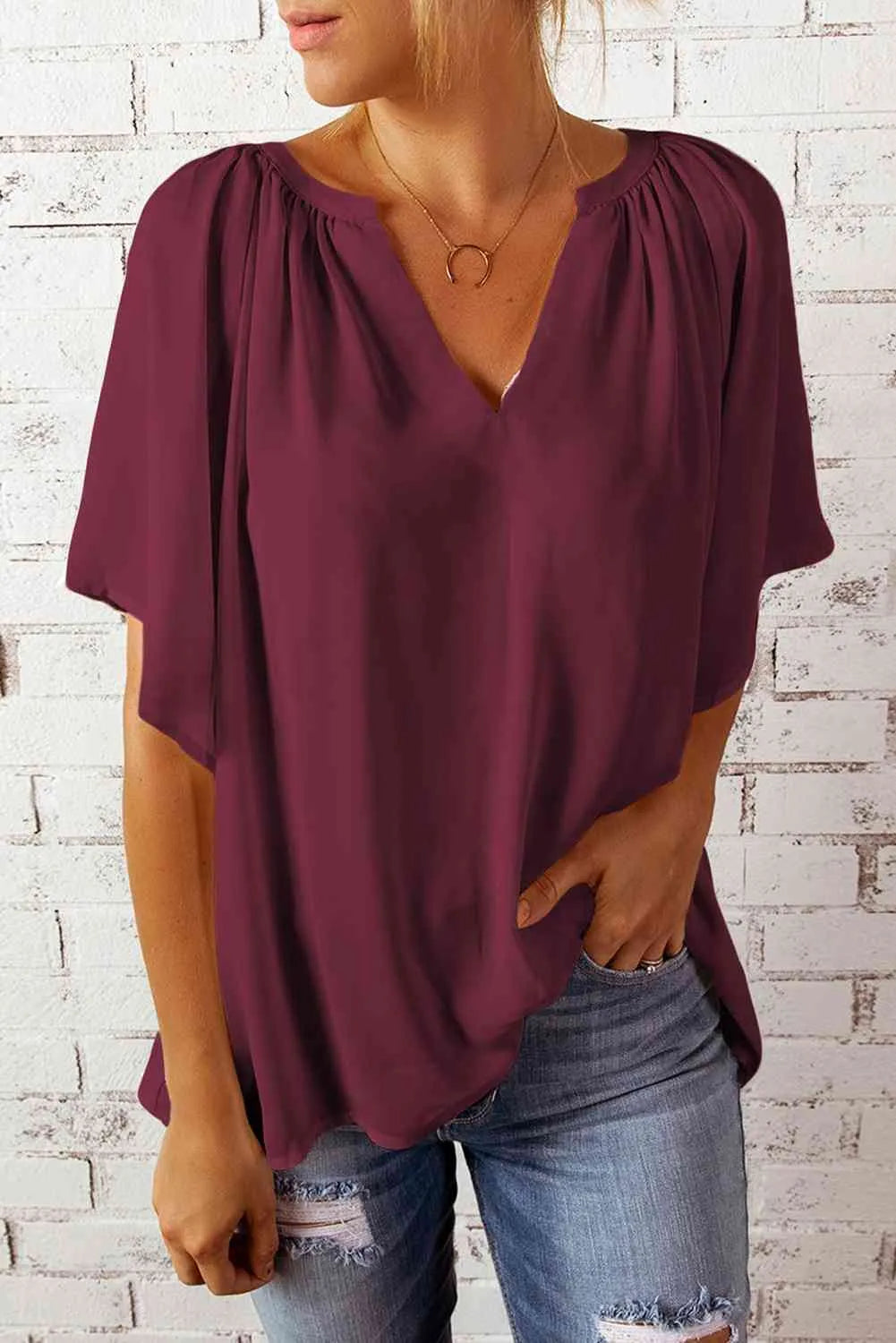 Gathered Detail Notched Neck Flutter Sleeve Top Wine Blouses - Tophatter Daily Deals