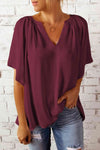 Gathered Detail Notched Neck Flutter Sleeve Top Wine Blouses - Tophatter Daily Deals