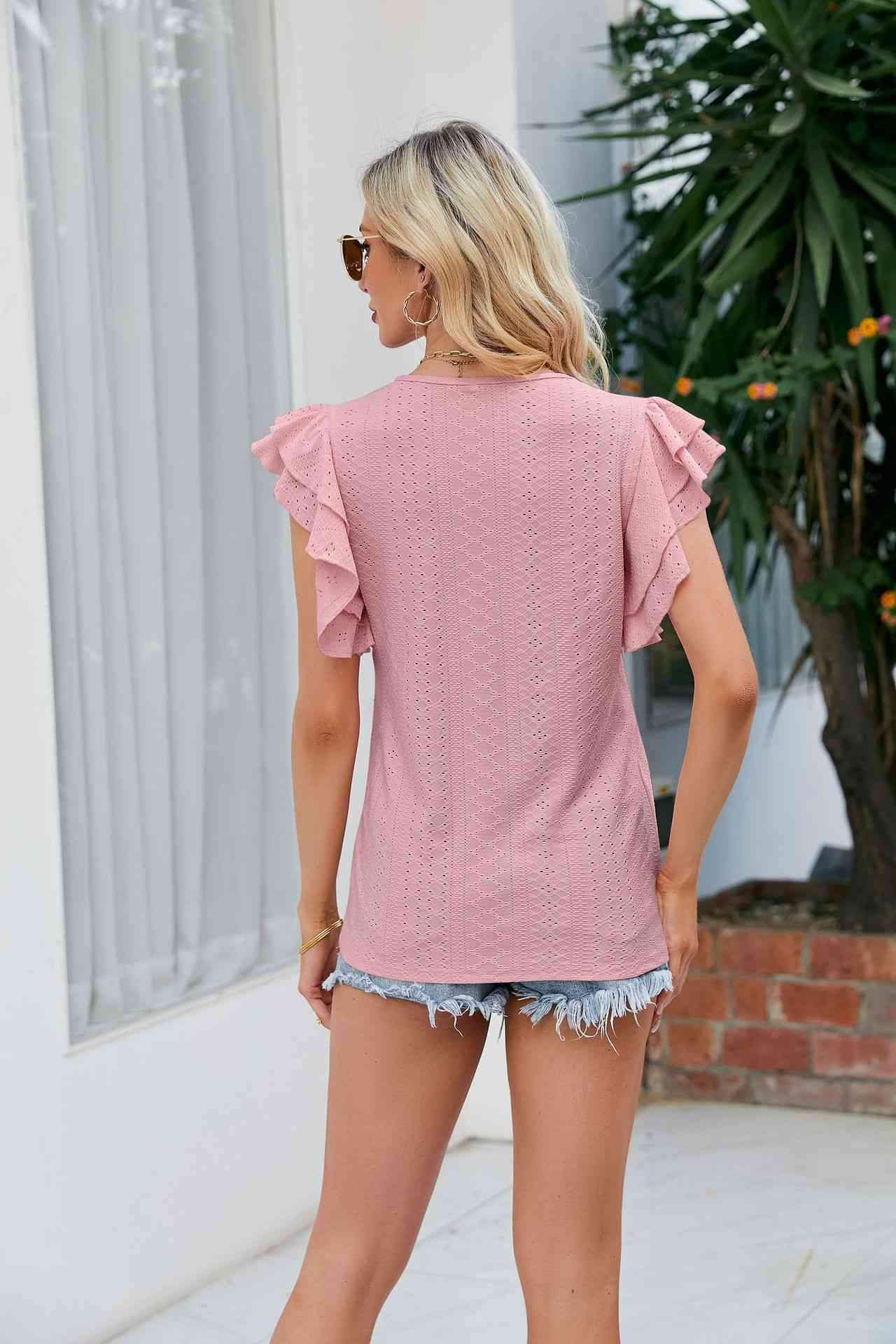 Round Neck Flutter Sleeve Eyelet Blouse Blouses - Tophatter Daily Deals