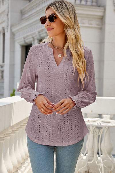 Eyelet Notched Lantern Sleeve T-Shirt Women's T-Shirts - Tophatter Daily Deals