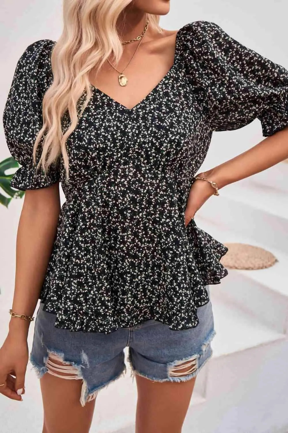V-Neck Flounce Sleeve Blouse Black Blouses - Tophatter Daily Deals